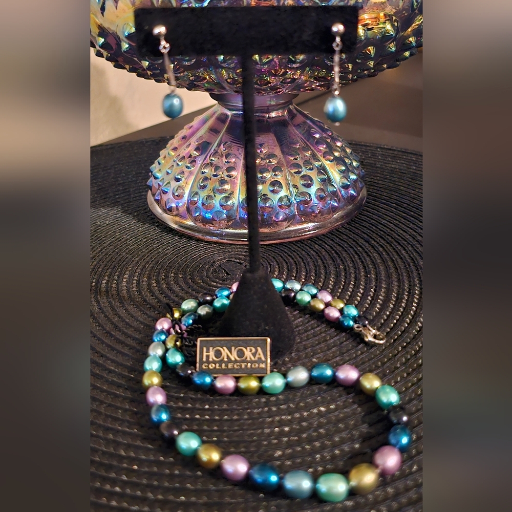 Honora Peacock (Turquoise/ Purple/Lime) Pearl Necklace and Earrings Set